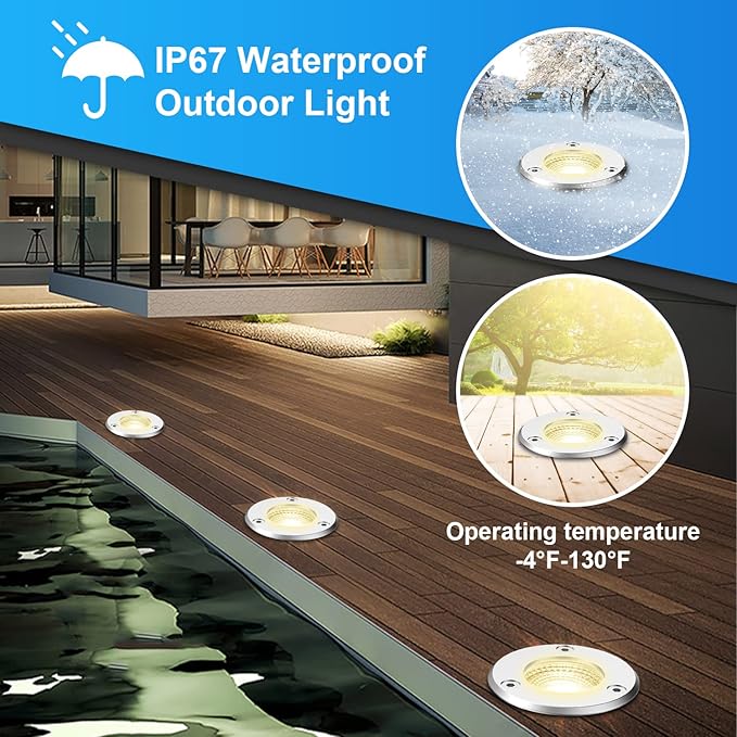 LED Landscape Lights, 12 Pack 7W Ground Lights With 24 Connectors, Low Voltage In-Ground Well Pathway Lighting, Warm White, Waterproof for Driveway, Deck, Step, Garden