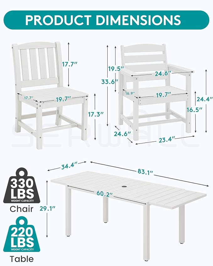 SERWALL 9-Piece Outdoor Dining Set, 60" - 83" Expandable Outdoor Dining Table and 8 HDPE Chairs, All Weather HDPE Outdoor Furniture Set for Backyard, Garden, White