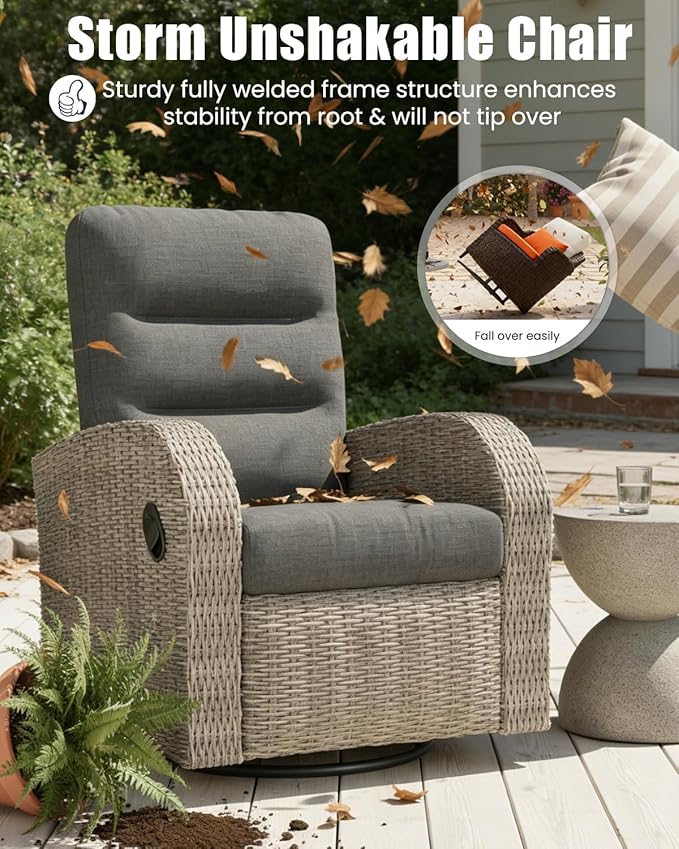 Outdoor Swivel Recliner Chair, All-Weather Wicker Reclining Patio Chair with Adjustable Backrest and Footrest