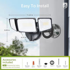 Philips 72W 7400LM LED Flood Lights Outdoor, Switch Controlled Aluminum Security Lights, 3 Adjustable Heads, Wall Mount, 5000K Daylight, Waterproof for Yard, Garage (2 Packs)