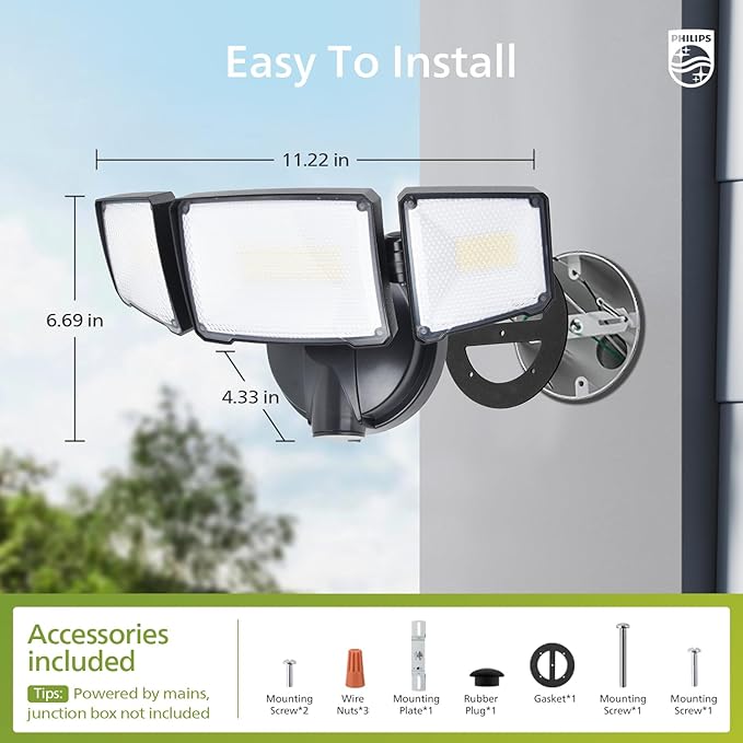 Philips 72W 7400LM LED Flood Lights Outdoor, Switch Controlled Aluminum Security Lights, 3 Adjustable Heads, Wall Mount, 5000K Daylight, Waterproof for Yard, Garage (2 Packs)