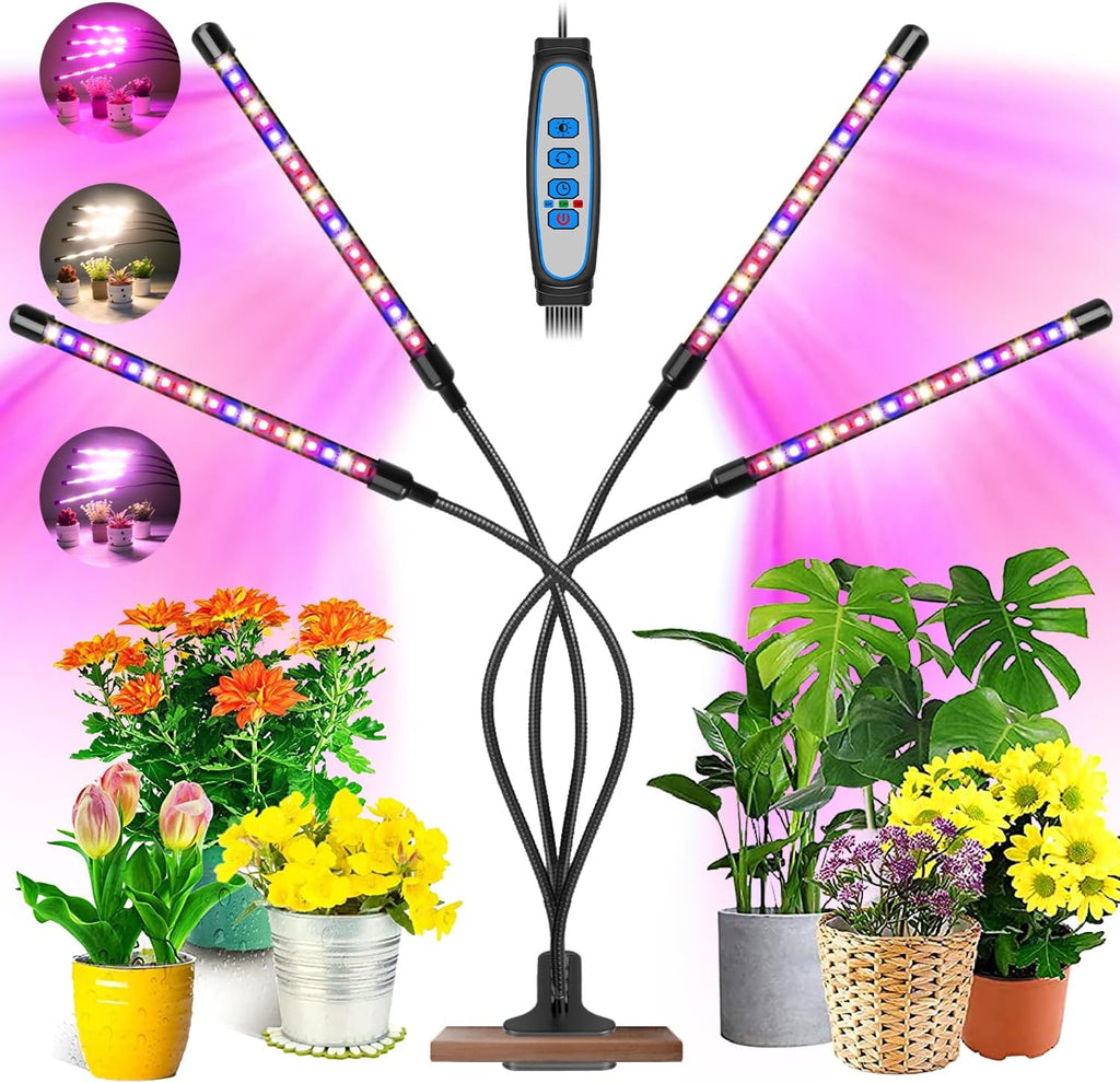 Grow Lights for Indoor Plants, Full Spectrum with Clip, 4 Head | 6000K Plant Light, Timer 6/12/16Hrs, 3 Spectrums, 5 Dimmable Levels, Flexible Gooseneck