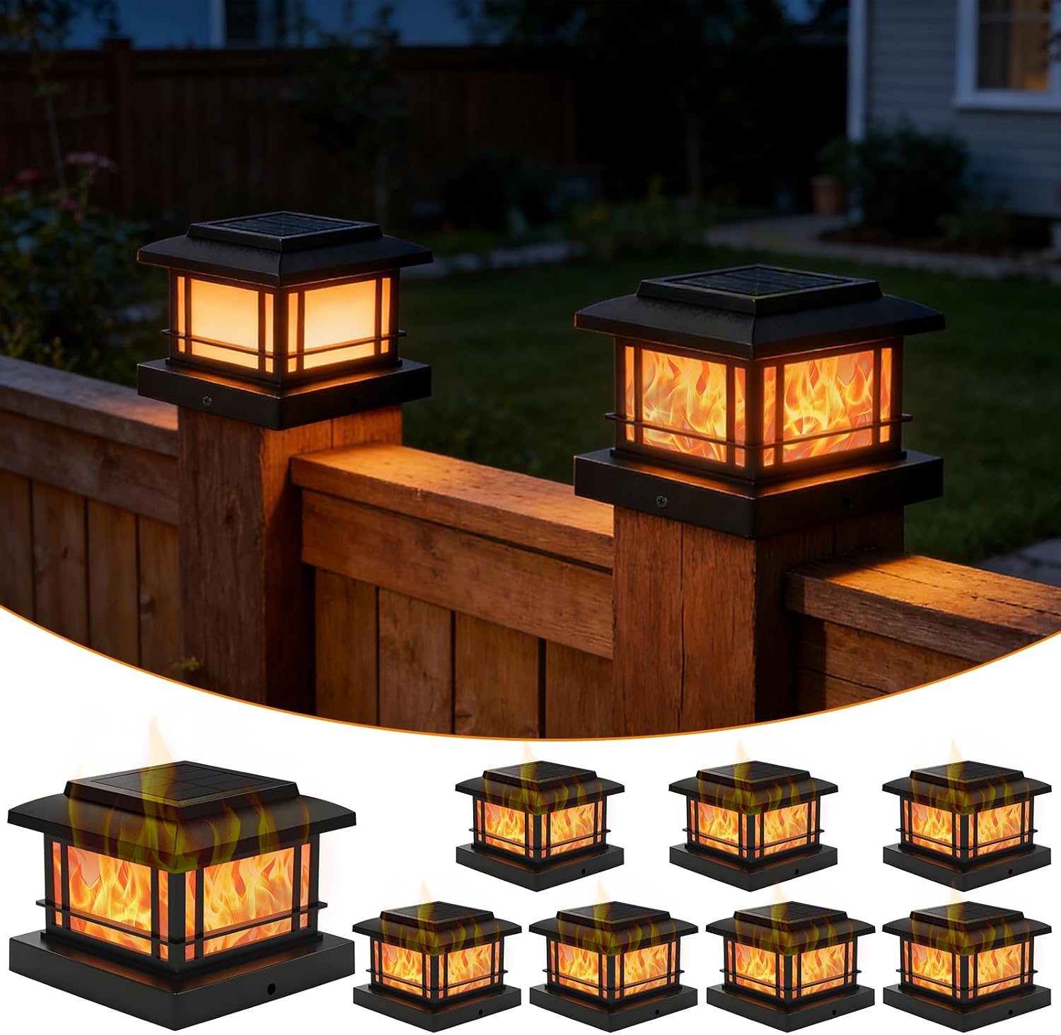 8 Pack 4x4 Post Solar Lights Outdoor with Flickering Flame, Fence Post Solar Lights Fit for 3.5x3.5 4x4 Wooden Vinyl Posts, Waterproof Solar Lights for Deck, Fence, Patio, Yard Decor (Black)