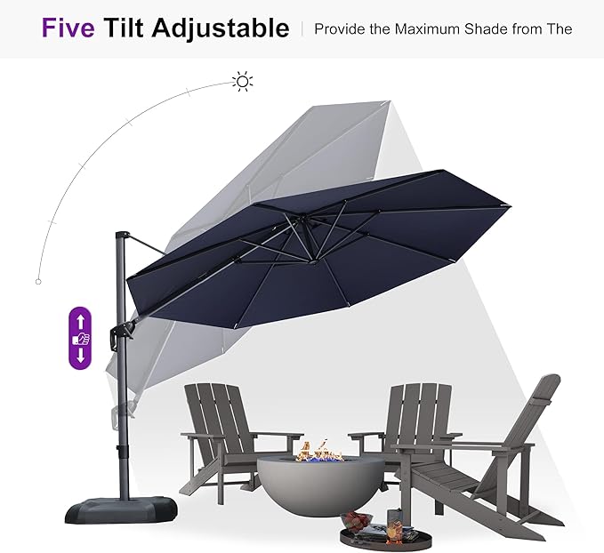 PURPLE LEAF 11 Feet Patio Round Cantilever Umbrella with Base Outdoor Aluminum Offset Umbrella with 360-degree Rotation for Pool Patio Garden Deck Navy Blue