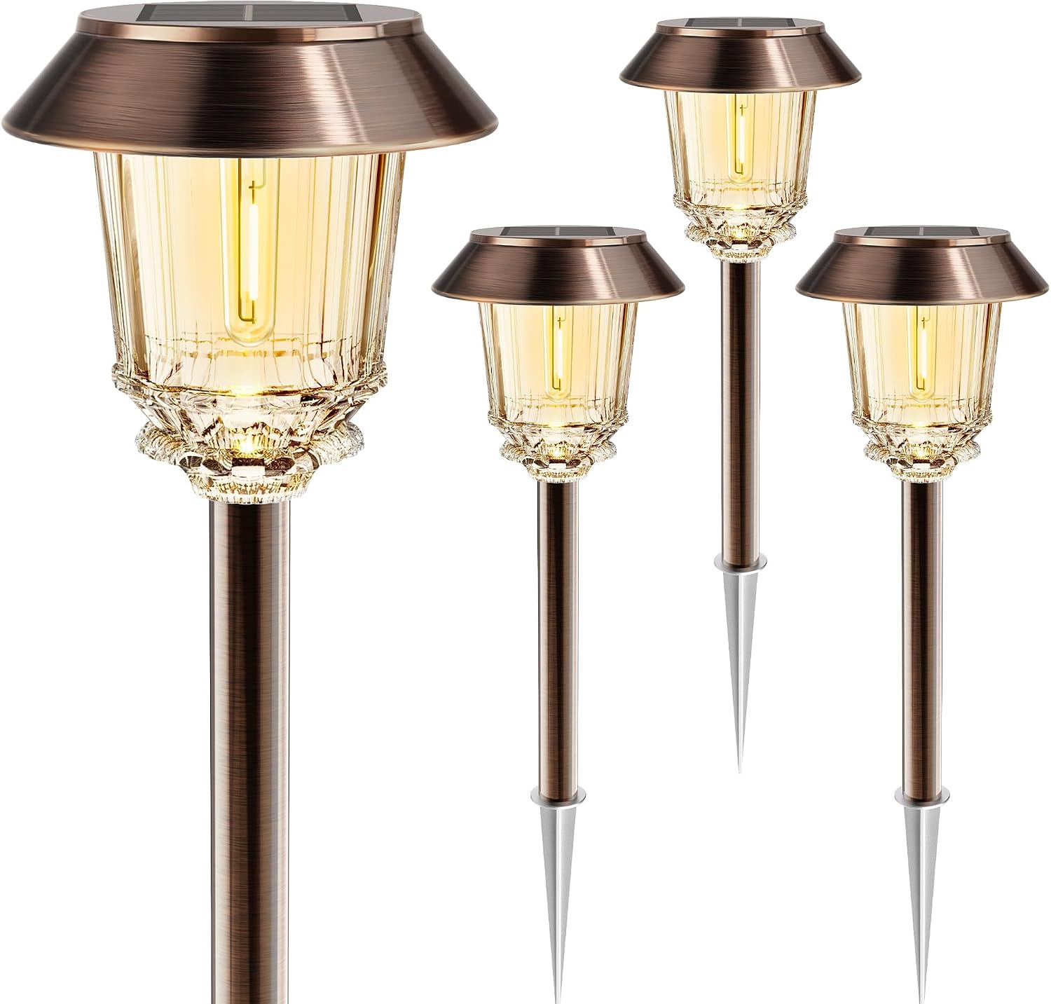 Solar Lights Outdoor Waterproof,10-40 LM Dimmable Glass and Metal | 4 Pack Bronze Pathway Lights, Solar Powered Garden Decor for Yard, Patio, Pathway, Driveway (Warm White)