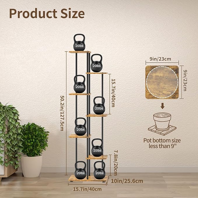 LASZOLA Black 6 Tier Wood Tall Plant Stand Indoor with Grow Lights, Large Heavy Duty Vertical Corner Rack for Multiple Planter, Sturdy Metal Rustic High Flower Shelf Holder Organizer for House Patio