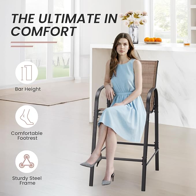 HOMREST Outdoor Bar Height Stools Set of 6,Stackable Patio Chairs with Armrests, High Back Textilene Chairs with Breathable Fabric & Metal Frame for All Weather,Brown