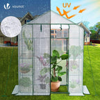 vounot walk in greenhouse with shelves, roll up showing dimensions