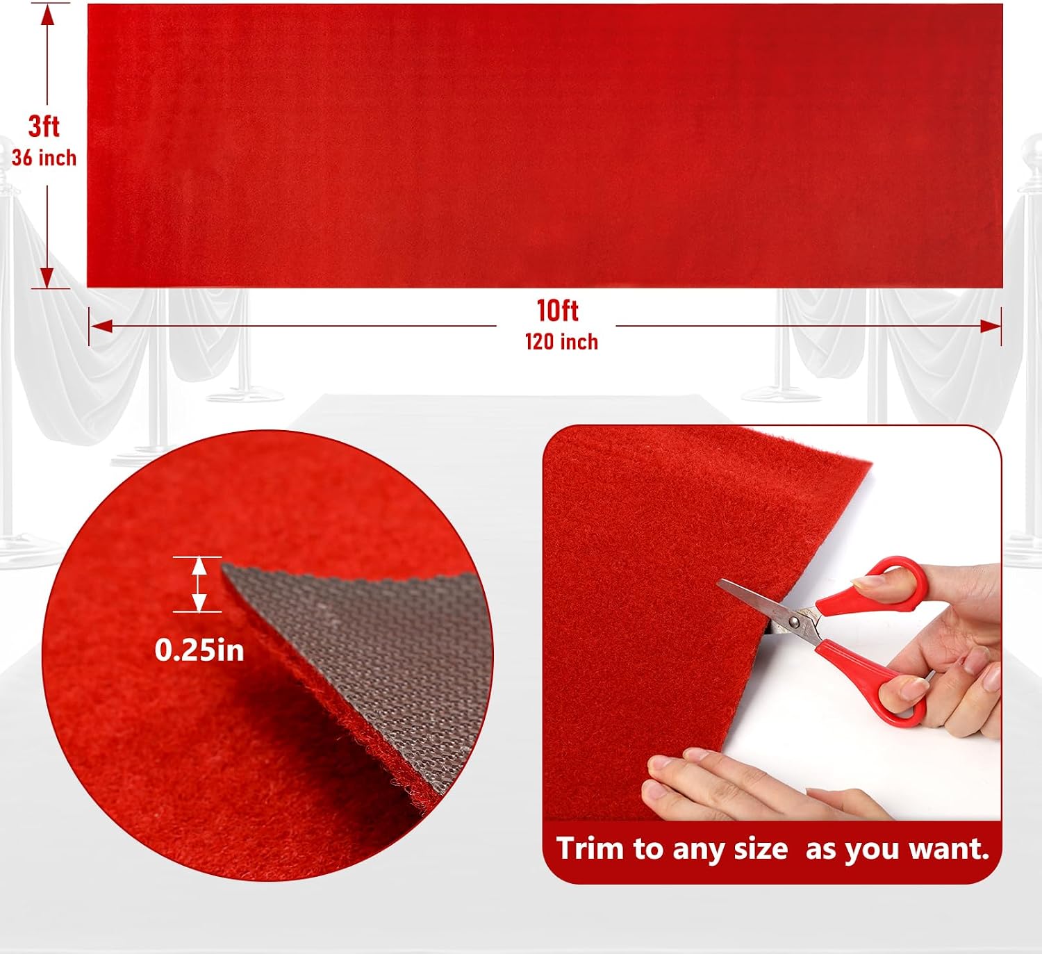 PBHEPJ 3ft x 10ft Extra Thick Red Carpet Runner for Party & Hollywood, Festival Celebration, Wedding, Graduation Ceremony, Award Ceremony, VIP Reception, Heavy-Duty, Non-Slip TPR Rubber