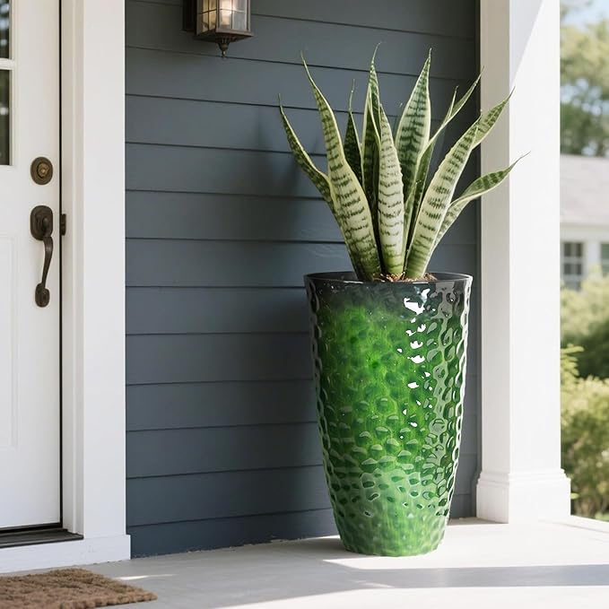 Worth 2 Pack 24" Tall Large Plastic Planter with Drainage Hole, Round Decorative Flower Plant Pit for Indoor or Outdoor Gardening, Glossy Green