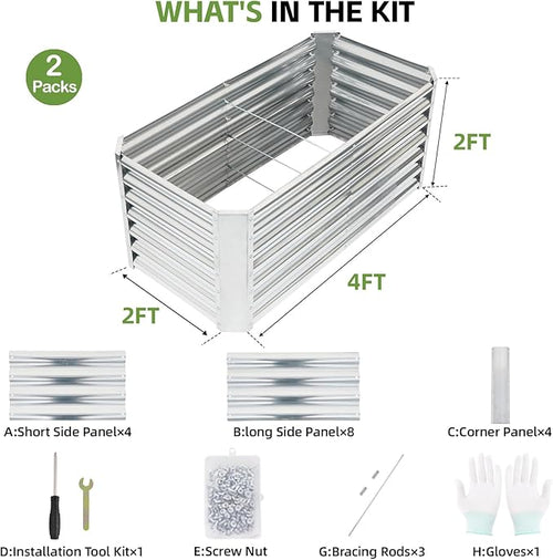 4x2x2ft (2 Pack) Raised Garden Bed - Galvanized Deep Root Planter Boxes Outdoor with Wing Nuts and Safety Edges for Gardening Vegetables, Flowers, Herbs, Succulents - Silver