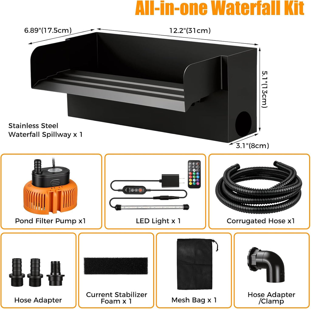 All-in-1 Pond Waterfall Spillway Kit, 12" Stainless Steel | 304 stainless steel spillway, 660 GPH pump, 8 ft lift, easy setup, steady flow, quiet, 10 FT hose, for pond, garden, backyard
