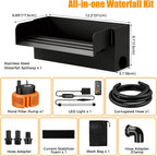 All-in-1 Pond Waterfall Spillway Kit, 12" Stainless Steel | 304 stainless steel spillway, 660 GPH pump, 8 ft lift, easy setup, steady flow, quiet, 10 FT hose, for pond, garden, backyard