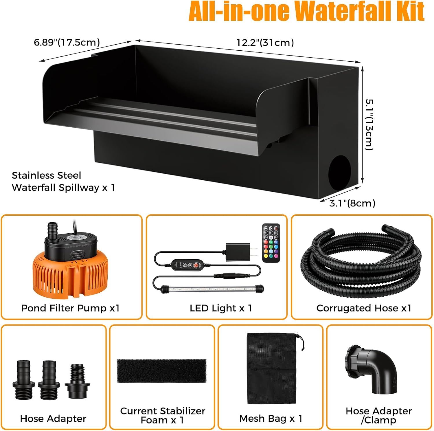 All-in-1 Pond Waterfall Spillway Kit, 12" Stainless Steel | 304 stainless steel spillway, 660 GPH pump, 8 ft lift, easy setup, steady flow, quiet, 10 FT hose, for pond, garden, backyard
