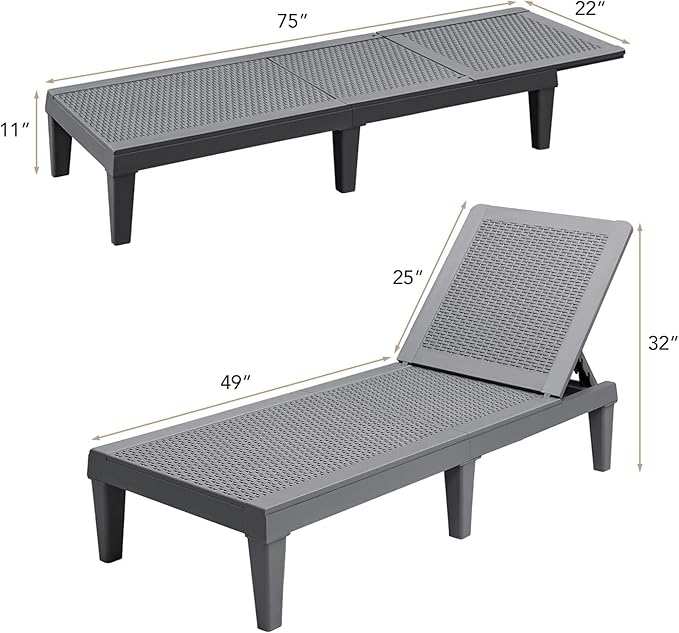 Devoko Outdoor Chaise Lounge Chair Set of 4 for Outside Pool Patio, Adjustable Waterproof Easy Assembly Chaise Lounge Outdoor (Light Grey, Set of 4)