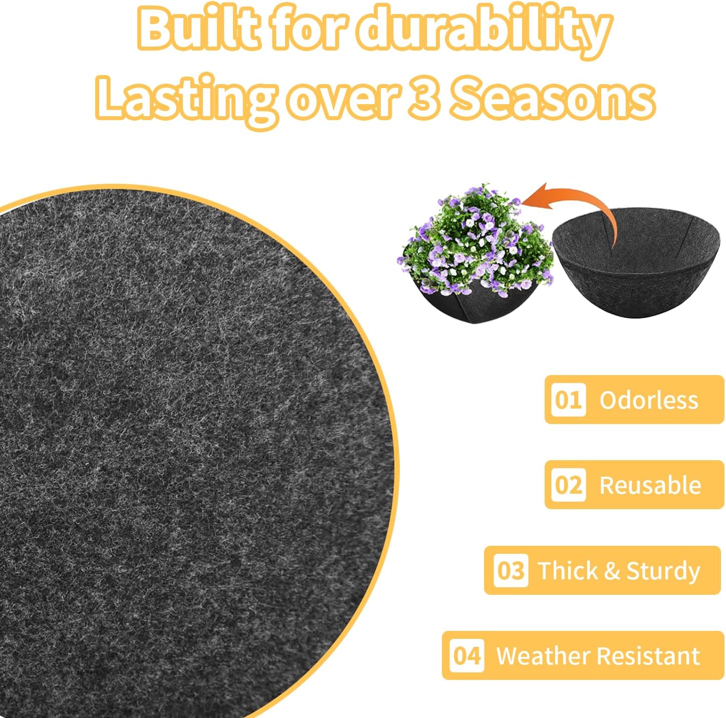 16x122 Inch Black Felt Planter Liner Roll, Non-Woven Hanging Basket Liners Coco Coir Alternative Breathable Outdoor Planter Liner Window Box Liners for Metal Basket Flower Pot Raised Garden Bed