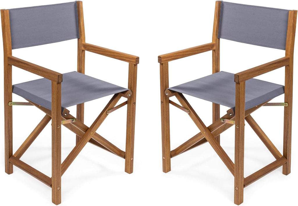 JONATHAN Y Cukor Acacia Wood Folding Director Chair Set of 2, Gray | Outdoor, Weight Capacity 260 Lbs, Teak Brown Finish, Weather-Resistant Textile, For Patio, Deck And Balcony