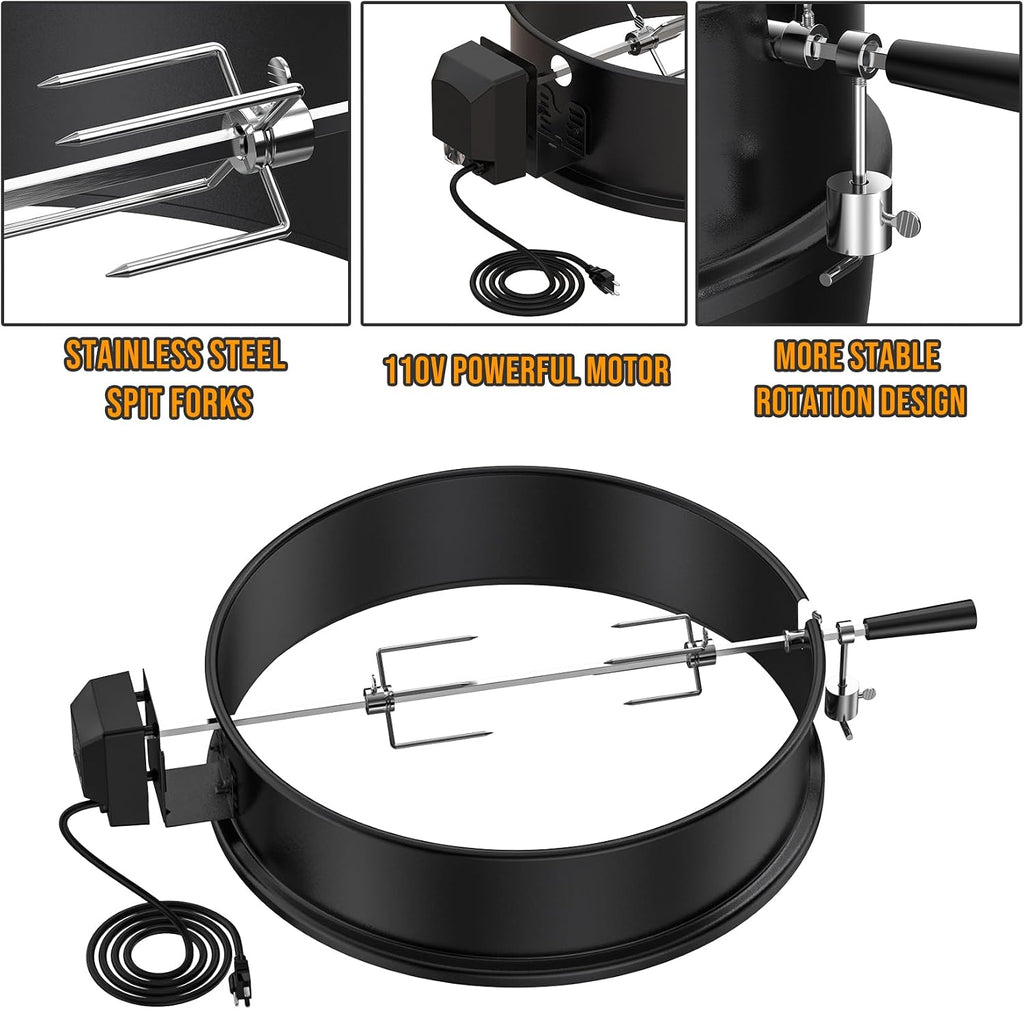 Skyflame Charkettle Rotisserie Ring Kit for Weber 22-Inch Kettle, Black | Coated Steel, BBQ Grill Rotisserie Kit, Replacement for Weber 2290, Charcoal and Similar Size Grills