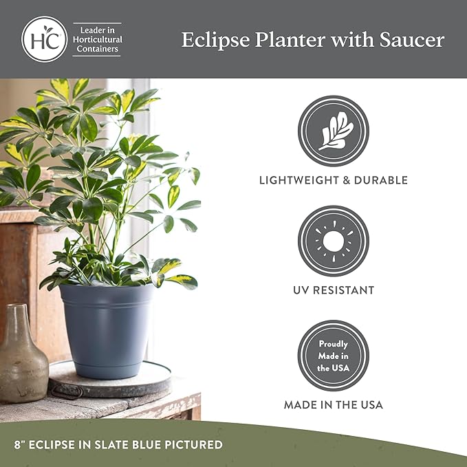 The HC Companies 16 Inch Eclipse Round Planter Pots with Drainage Holes & Attached Saucer, Lightweight UV-Resistant Plastic Indoor & Outdoor Planters, 2-Pack Flower Pots for Garden & Home Decor, Teal