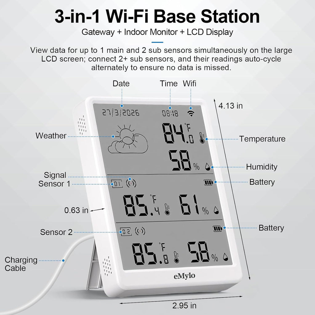 emylo wifi thermometer hygrometer with 2 ip65 remote, front angle view