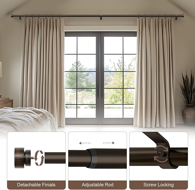 Modern Antique Brown Bronze Curtain Rods for Windows 16 to 60 Inches Adjustable Heavy Duty 1" Diameter Window Curtain Rod with Finials for Outdoor Farmhouse Bedroom Kitchen Living Room