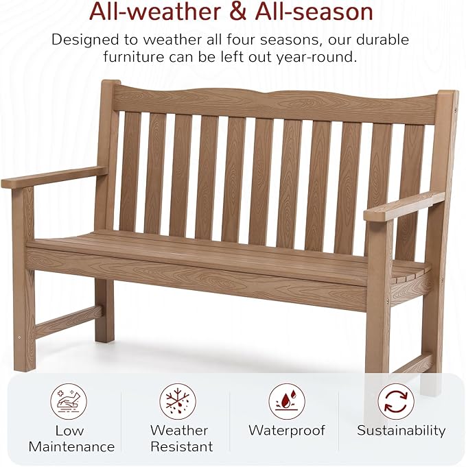 Stoog All-Weather Outdoor Bench, 2-Person Poly Lumber Garden Bench with 800lb Capacity, Never Fade & Rust-Proof, for Backyard, Patio, Deck, and Porch, Teak
