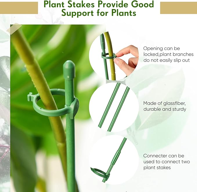 meekoo 60 Pcs Adjustable Garden Plant Support Stakes Single Stem Plant Cage Support Rings with Clips and Connect Pipe for Orchid Rose Tomato, 12 Inch (Green)