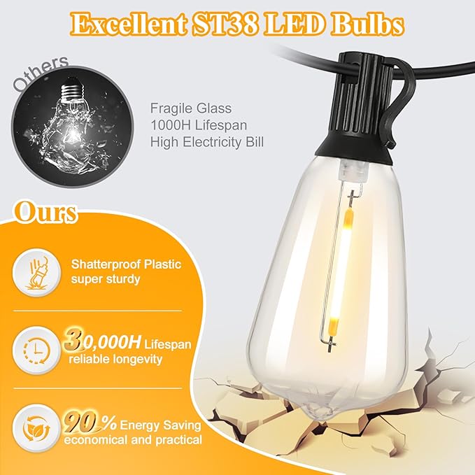 Brightever Outdoor String Lights, 25FT Patio Lights with 13 ST38 LED Edison Bulbs (1 Spare), Waterproof Connectable String Lights for Outside, Dimmable Hanging Light for Backyard Porch Decor, Black