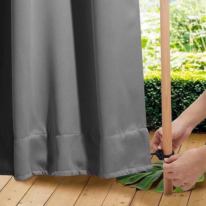 NICETOWN 2 Panels Outdoor Curtains for Patio Waterproof, W100 x L95 Windproof Extra Wide Grommet & Back Tab on Top & Bottom Thermal Insulated Sun Blocking Drapes with Rope for Gazebo, Grey