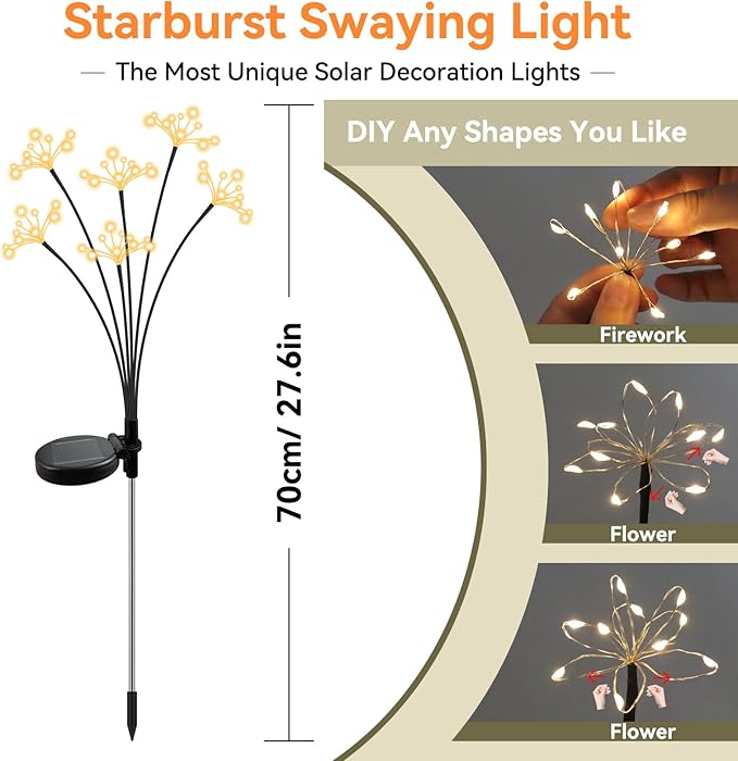 Solar Garden Lights 4 Pack Waterproof Solar Swaying Starburst Light Outdoor Lights for Yard Patio Walkway Pathway Party Wedding Christmas Decoration, Warm White