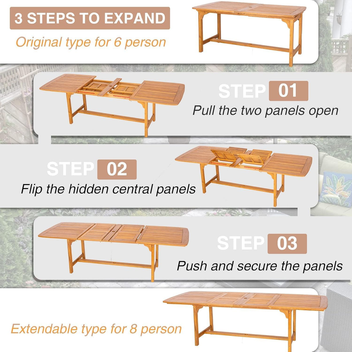 phi villa teak outdoor table, expandable wood table shown in use