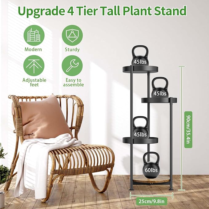 Plant Stand Indoor Outdoor Clearance, 4 Tier Metal Tall Flower Shelf Holder, Multiple Plant Round Corner Rack Organizer Display for Patio Orchid Office Porch Living Room Garden Balcony, Black