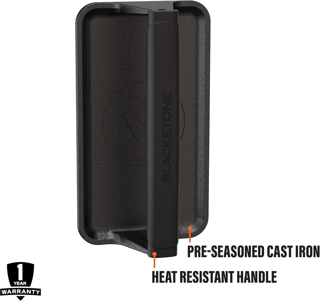 Blackstone 5553 Pre-Seasoned Cast Iron Griddle Press, 10" x 5.5", Black | Medium Heavy Duty, Heat Resistant Rubber Handle, Rectangle, For Meat, Burger, Bacon, Steak, Panini, Sandwich, Sausage