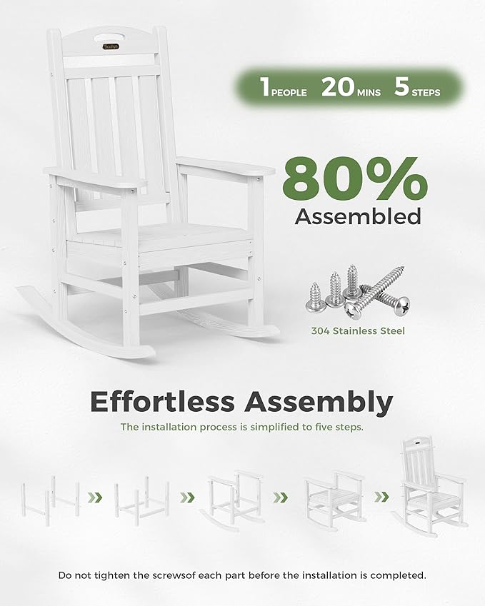 Oversized Outdoor Rocking Chair, High Back Patio Rocking Chair, HDPE All Weather Resistant Rocking Chairs for Patio,380lbs Weight Capacity, White
