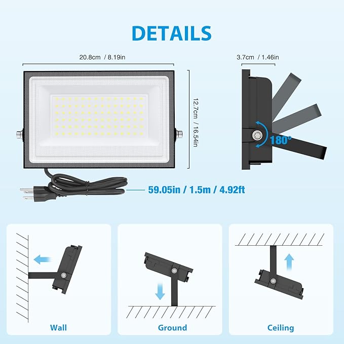 110W Flood Lights Outdoor, LED Work Light with Plug, Daylight White 6500K LED Flood Light, IP66 Waterproof Exterior Security Lights for Yard Garage Stadium 2 Pack