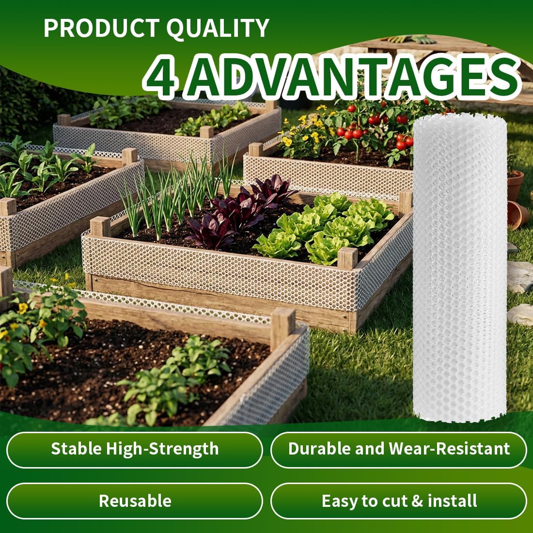 white plastic chicken wire 16in x 33ft,garden netting shown in use
