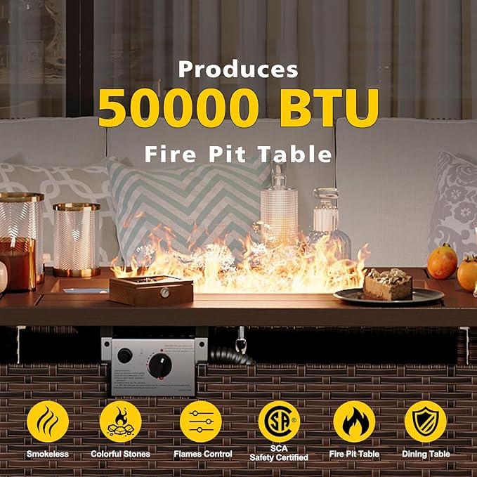 Aoxun Patio Furniture Set with Fire Pit Table, 12 Piece Outdoor Sectional Sofas, 10 Seats Wicker Outdoor Furniture with Thickened Cushion for Backyard, Garden (Brown Rattan Begin Cushions)