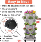 GameXcel Vertical Planter 5 Tier Stackable Planters Garden Planters Strawberry Herb Flower and Vegetable Planter Indoor Outdoor Gardening Pots with Removable Wheels and Tools
