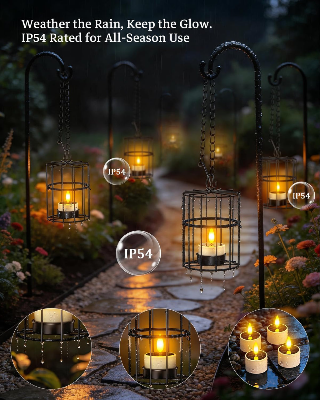 Yme Solar Hanging Lanterns Outdoor Waterproof, Long Lasting Solar Tea Light | 2 Large 2 Small Hanging Candle Holders, Flickering Flameless LED Solar Tealights, Outdoor Decor for Tree Patio Garden Pergola