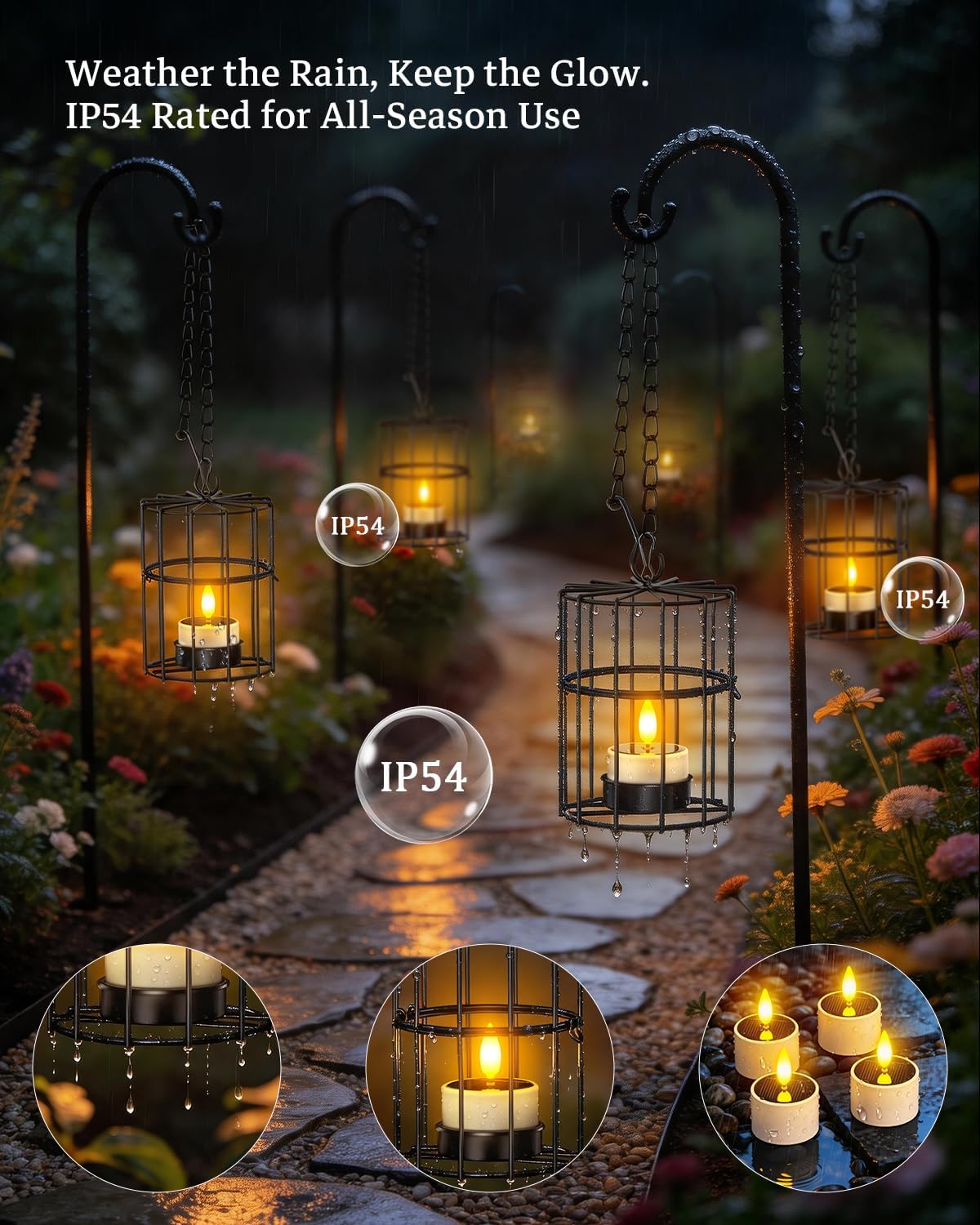 Yme Solar Hanging Lanterns Outdoor Waterproof, Long Lasting Solar Tea Light | 2 Large 2 Small Hanging Candle Holders, Flickering Flameless LED Solar Tealights, Outdoor Decor for Tree Patio Garden Pergola