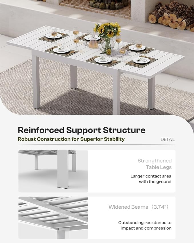 Outdoor Aluminum Patio Dining Table Set for 6-8 Person, Expandable Outdoor Table and 6 Chairs with Textilene Fabric & HDPS Armrest, All-Weather Patio Furniture Set for Yard, Garden, White