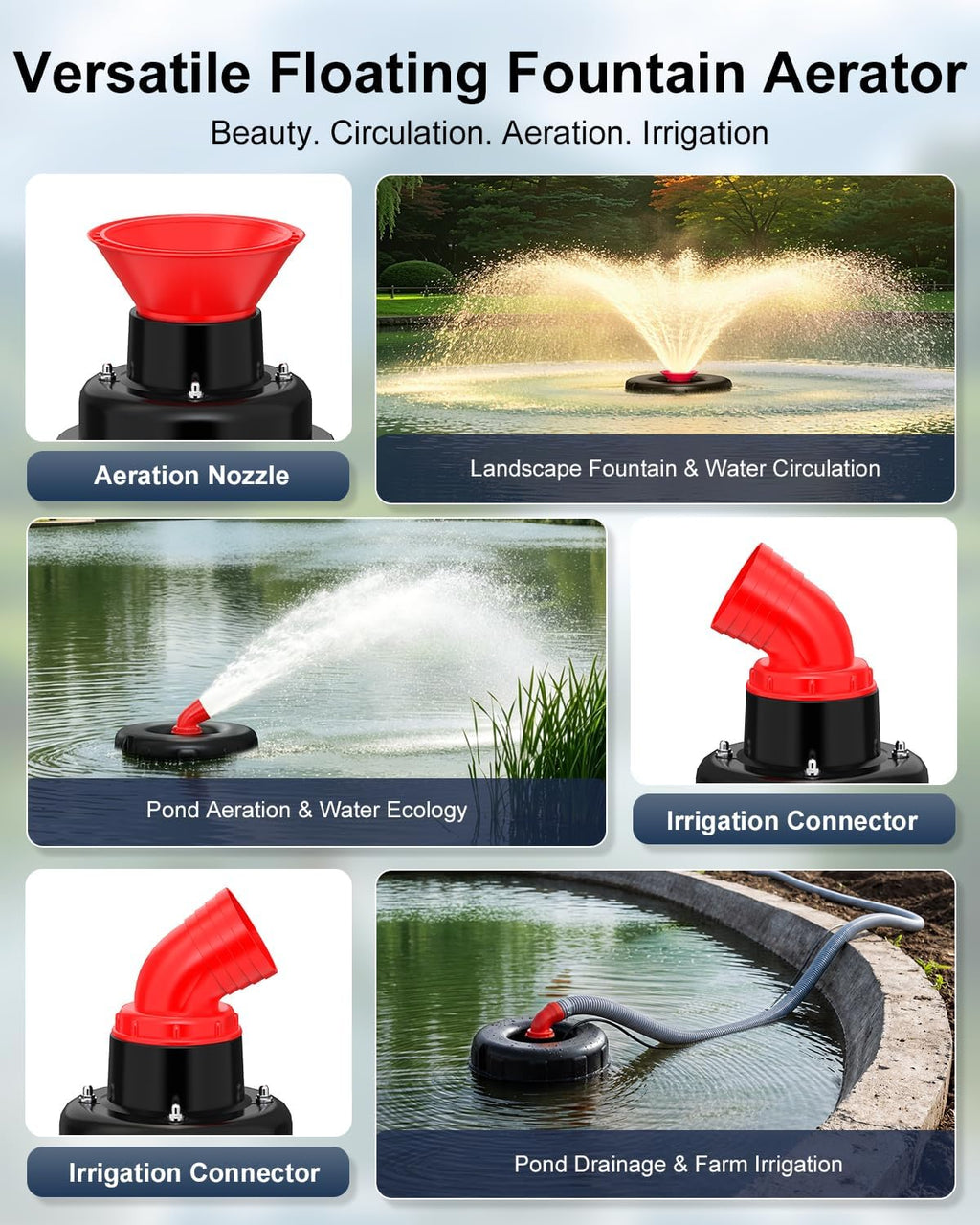 SYY Pond Fountain Aerator, 1HP 15000 GPH 110V Stainless Steel Floating Fountain Pump with Timer, 100FT Power Cord & 2×100FT Rope, Energy Efficient for Water Circulation & Oxygenation in Large Ponds