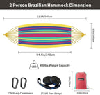 Brazilian Double Hammock with Tree Straps,Extra Large 94x63IN,2 Persons Hammock for Backyard Patio Outdoor and Indoor,450lbs Weight Capacity,Soft Woven Cotton Fabric - Aqua Bule Stripe