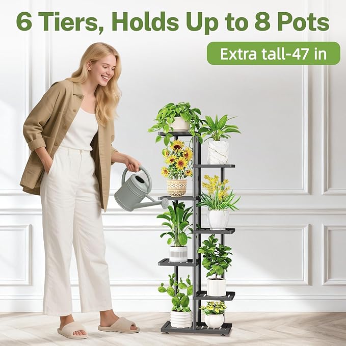 iDavosic.ly Plant Stand Indoor Outdoor, 6-Tier Tall Metal Flower Shelf for Heavy-Duty Large Planters, Corner Orchid Display Rack for Living Room Balcony Patio Porch, Space Saving, Modern Black