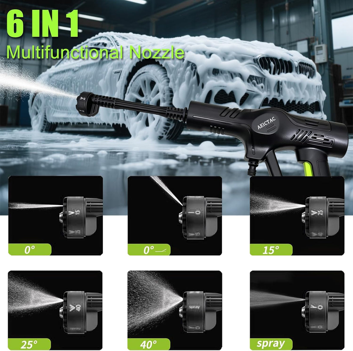 cordless pressure washer 1400psi with 6-in-1 nozzle, close-up detail