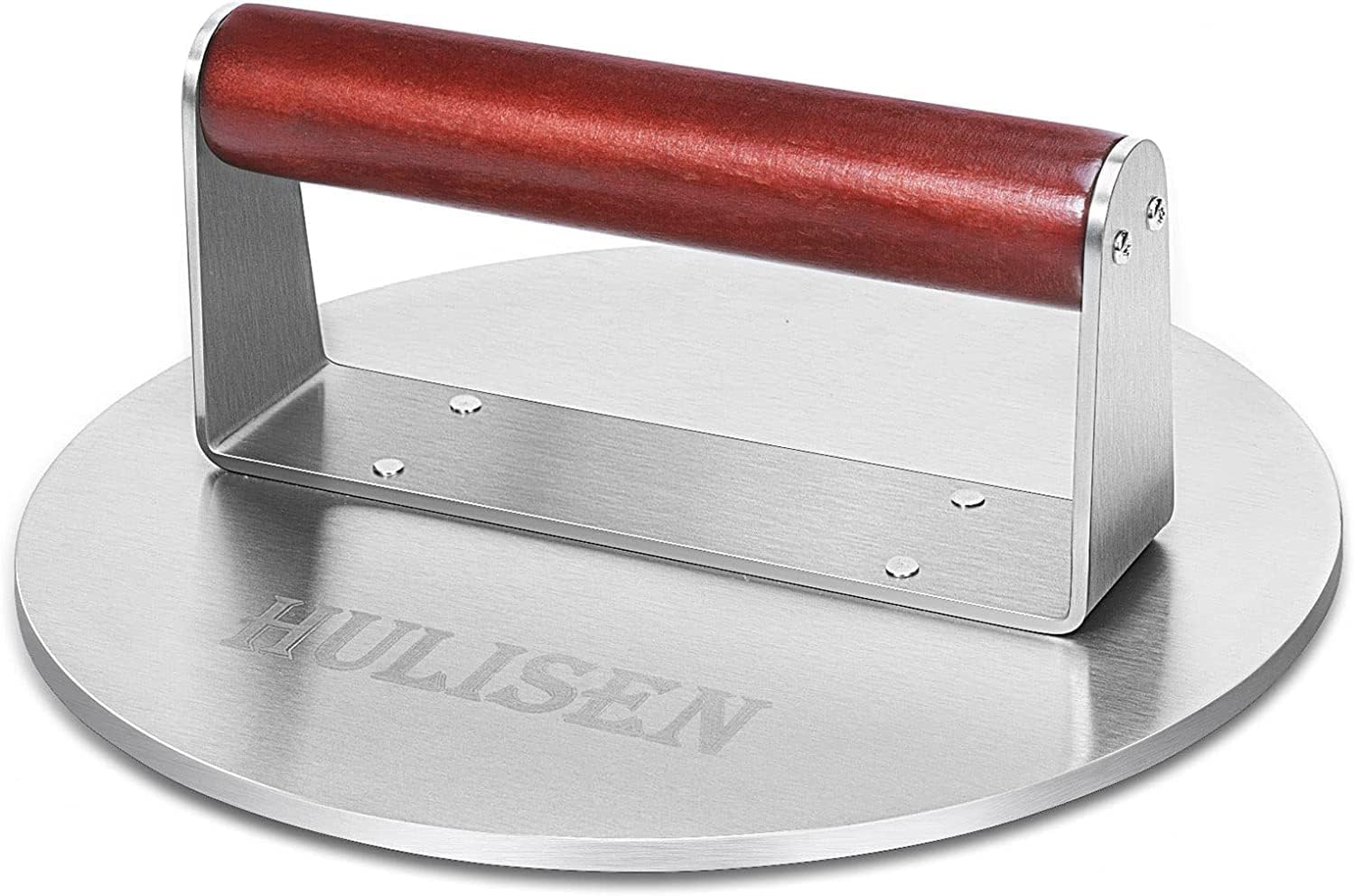 HULISEN 8.5-Inch Burger Press, 2.5 lb Stainless Steel Burger Smasher | Wood Handle, Wide Round Flat Edge Burger Smasher for Bacon & Steaks, Easy Cleanup, Griddle Accessories Fits Flat Top Griddles