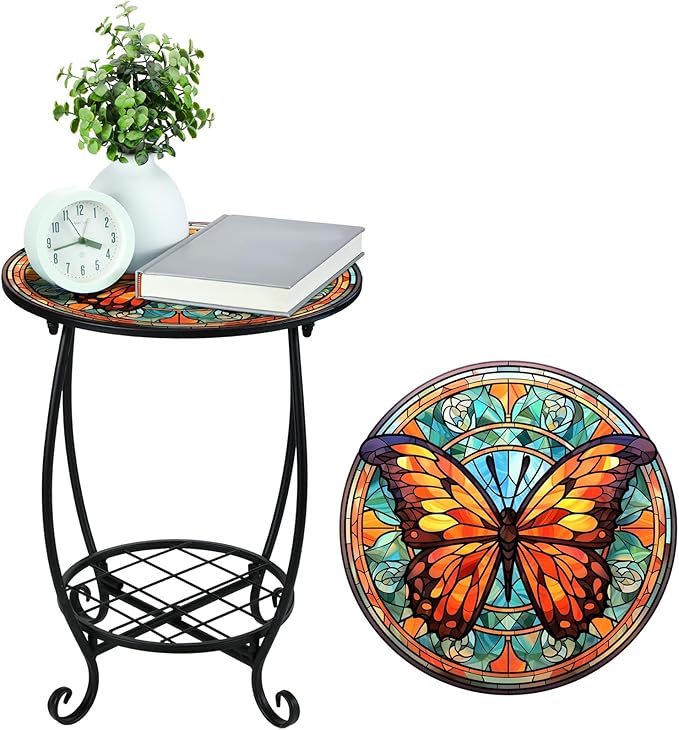 Outdoor Side Table Round Small Mosaic Patio Accent Indoor End Plant Coffee Tea Table for Yard Patio Porch Garden Living Room, Bedroom(Butterfly B Style,14 Inch)