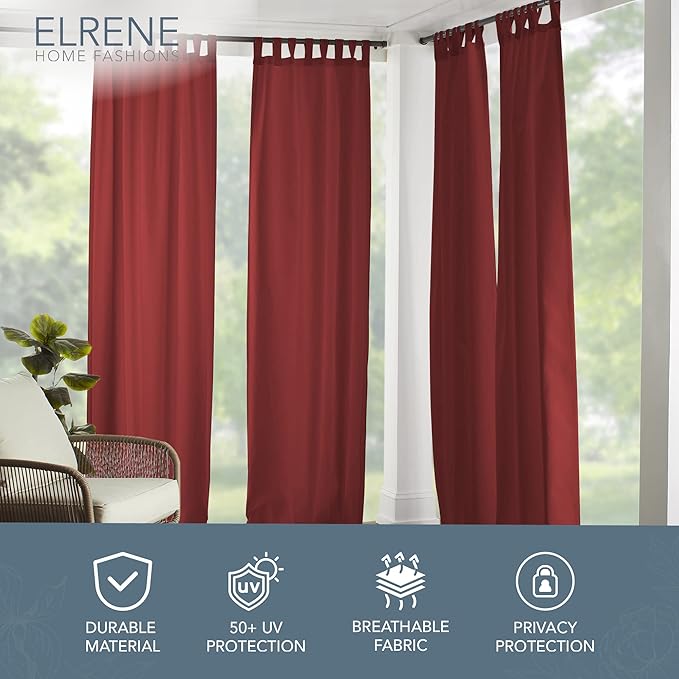 Elrene Home Fashions Matine Weatherproof Tab-Top Indoor/Outdoor Solid Color Curtain Panel for Porch, Pergola, Patio, Deck, 52”W x 95”L, Red