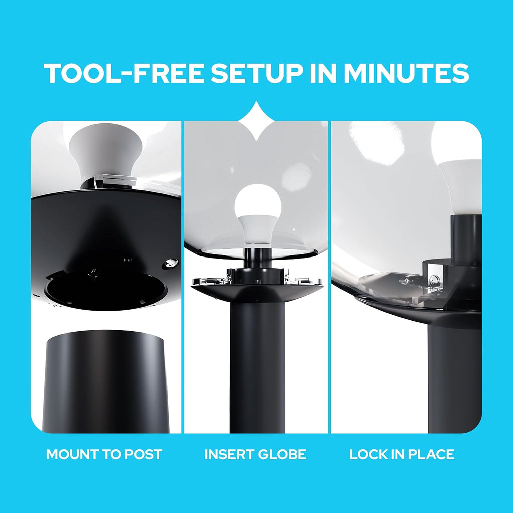 Black Post Top Wing Clip Fitter - Fits 5.25" Acorn/Globe Opening & 3" Pole Mount - USA Made Polycarbonate Outdoor Lamp Hardware - Light Fixture Shade Holder & Bulb Socket Replacement, 5-Pack | Polycarbonate Wing Clip Fitter for Post Top Lamps, Fits 5.25"