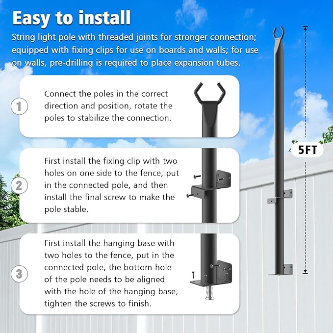 AILBTON 4 Pack 5Ft String Light Poles,Light Poles for Outside String Lights,Outdoor Light Poles with Fork,Metal Pole Stand for Patio,Backyard,Deck